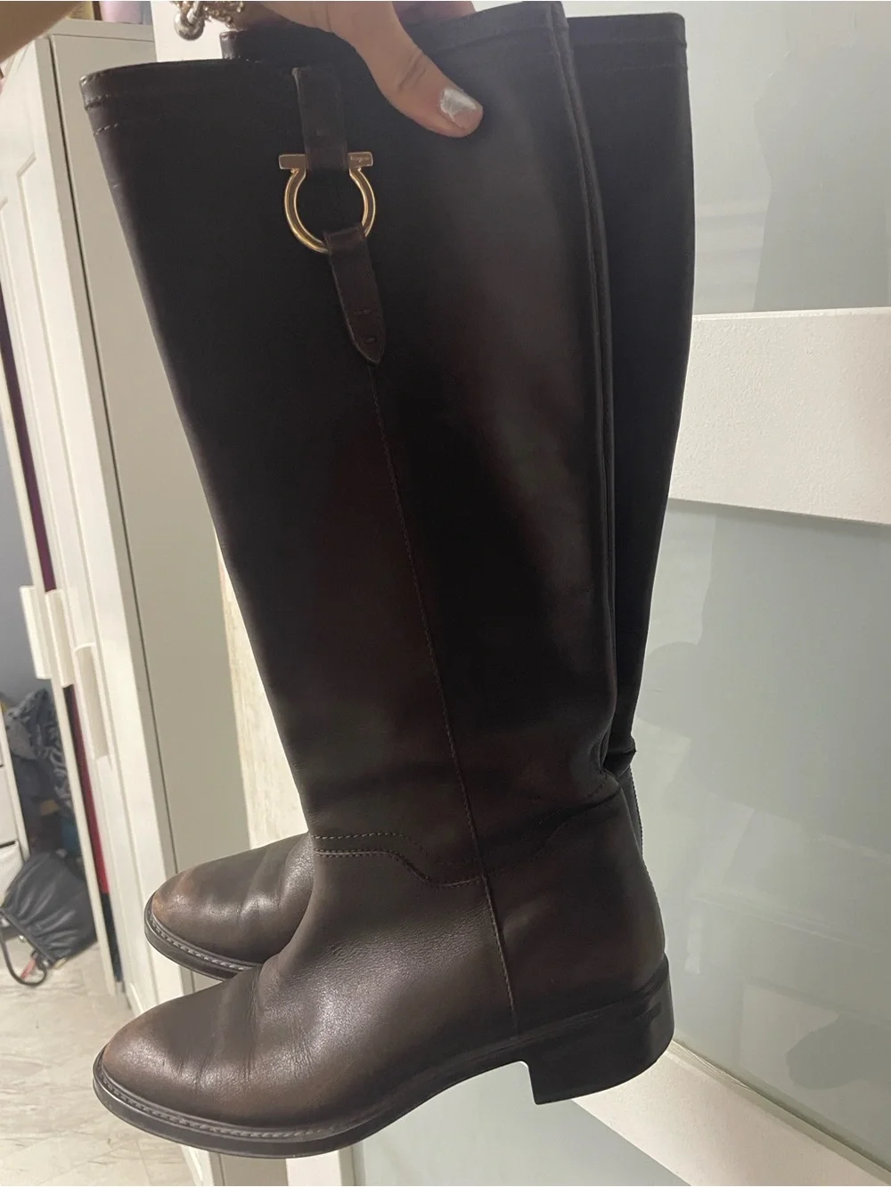 Salvatore Ferragamo Dark Brown Leather Riding Boots with Gold Hardware - Picture 1 of 5